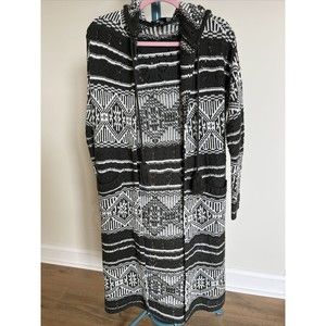 Cardigan Open Kimono Sweater Stripe Western Khaki Off White Hooded Tassel Duster